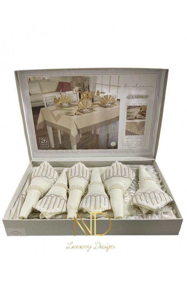 Anna Karina 25 Parça Masa Örtüsü Seti Karin Krem Anna Karina 25 Parça Masa Örtüsü Seti Karin Krem