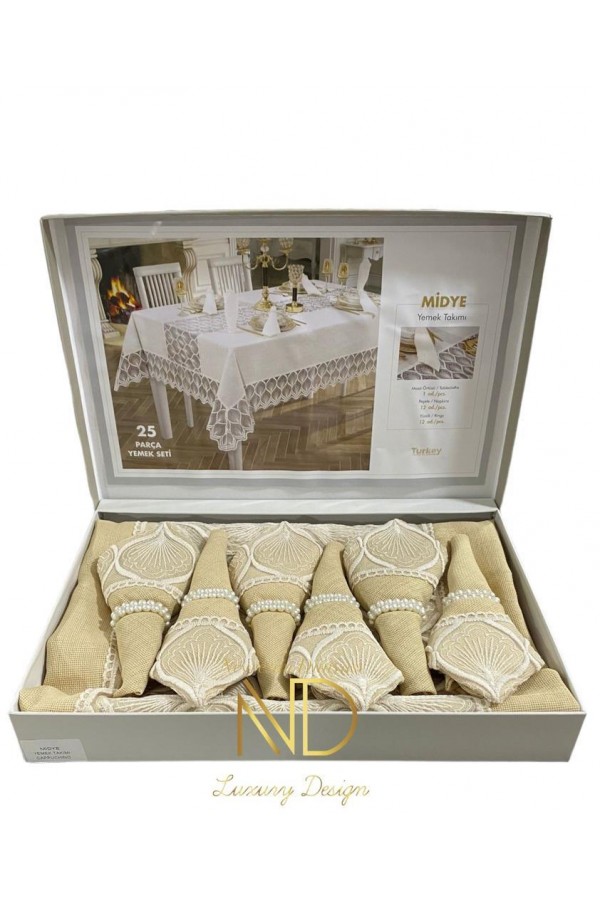 Anna Karina 25 Parça Masa Örtüsü Seti Midye Cappuccino Anna Karina 25 Parça Masa Örtüsü Seti Midye Cappuccino