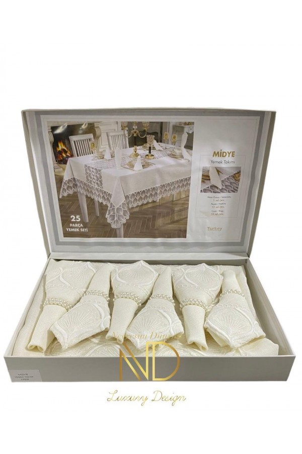 Anna Karina 25 Parça Masa Örtüsü Seti Midye Krem Anna Karina 25 Parça Masa Örtüsü Seti Midye Krem