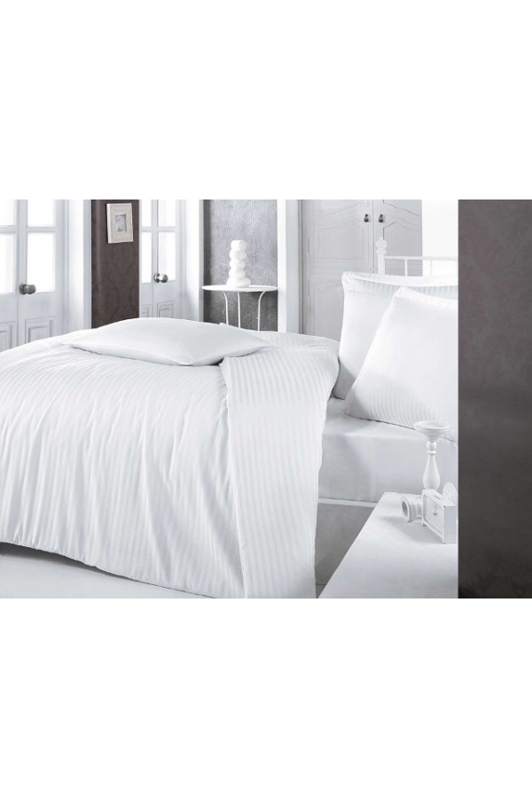 Clasy Çizgili Saten Nevresim Takımı Çift Kişilik Beyaz