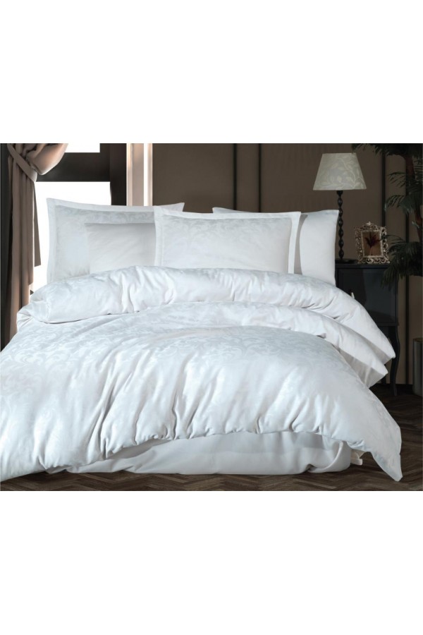Clasy Exclusive Jakarlı Çift Kişilik Pamuk Saten Nevresim Takımı Pavaya v1 Beyaz