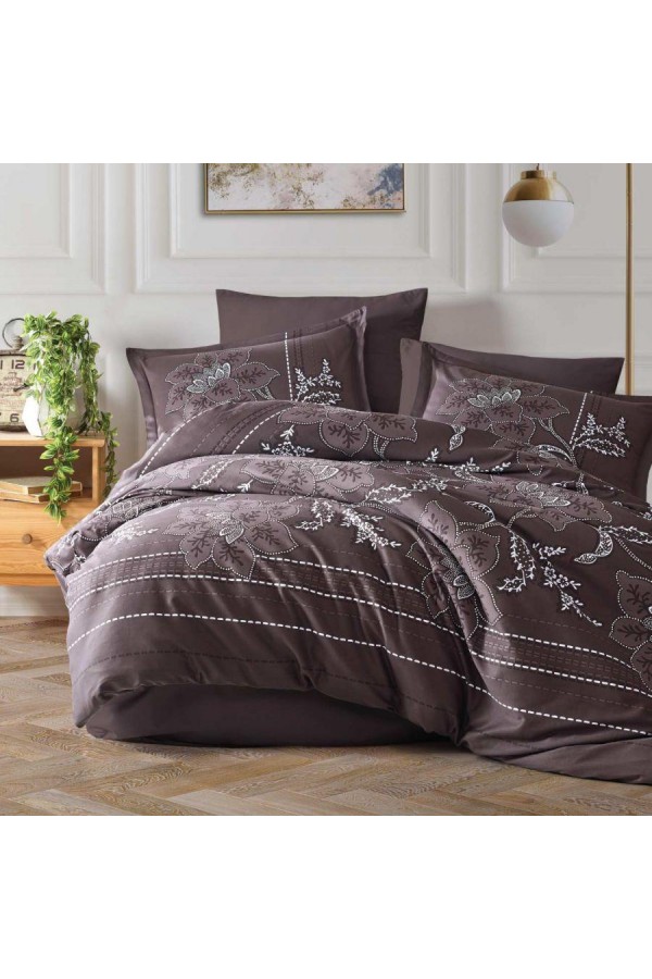 Clasy Pamuk Saten Çift Kişilik Nevresim Takımı Moya v1 Kahve