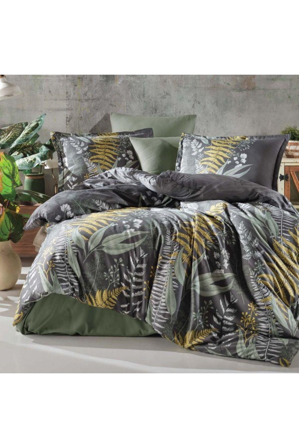 Clasy Pamuk Saten Çift Kişilik Nevresim Takımı Botanica v1 Yeşil