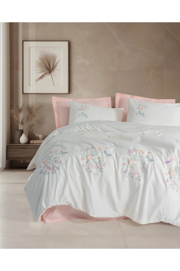 Cotton Box 3D Nakışlı Çift Kişilik Saten Nevresim Takımı Liva Pudra