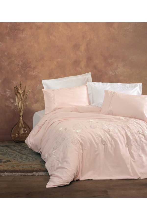 Cotton Box 3D Nakışlı Çift Kişilik Saten Nevresim Takımı Lesley Pudra