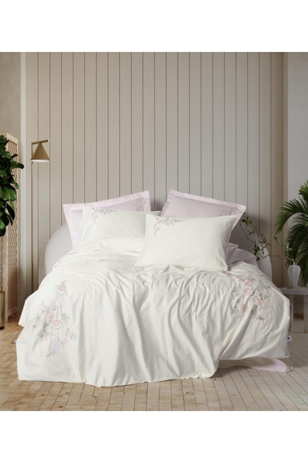 Cotton Box 3D Nakışlı Çift Kişilik Saten Nevresim Takımı Yedda Pudra