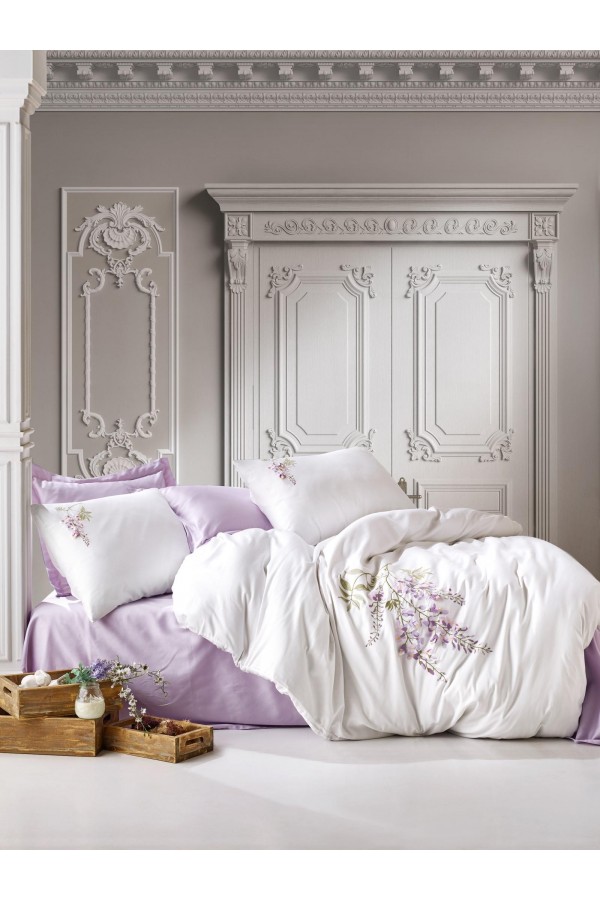 Cotton Box 3D Nakışlı Çift Kişilik Saten Nevresim Takımı Mita Lila