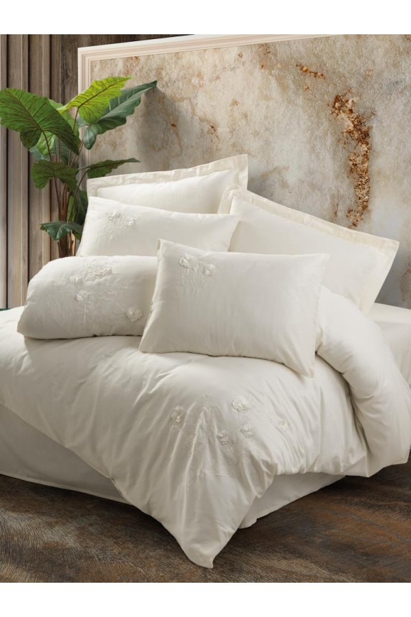 Cotton Box 3D Nakışlı Çift Kişilik Saten Nevresim Takımı Pure Ekru