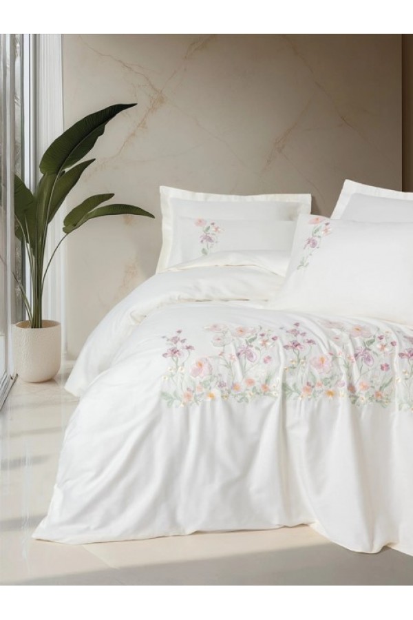 Cotton Box 3D Nakışlı Çift Kişilik Saten Nevresim Takımı Zephy Ekru