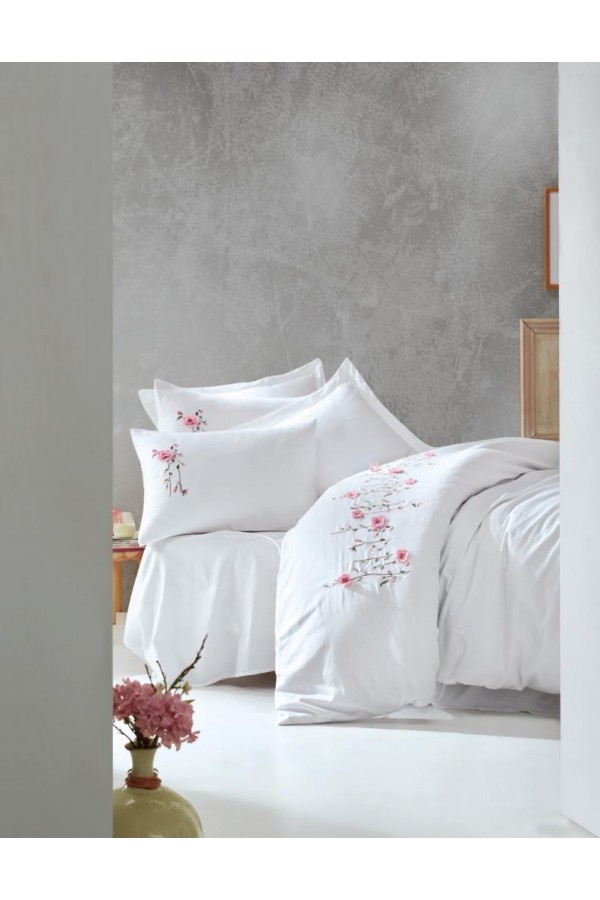 Cotton Box 3D Nakışlı Çift Kişilik Saten Nevresim Takımı Perla Beyaz