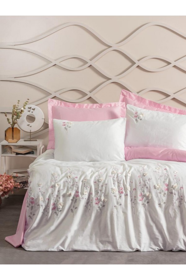 Cotton Box 3D Nakışlı Çift Kişilik Saten Nevresim Takımı Jolie Pembe