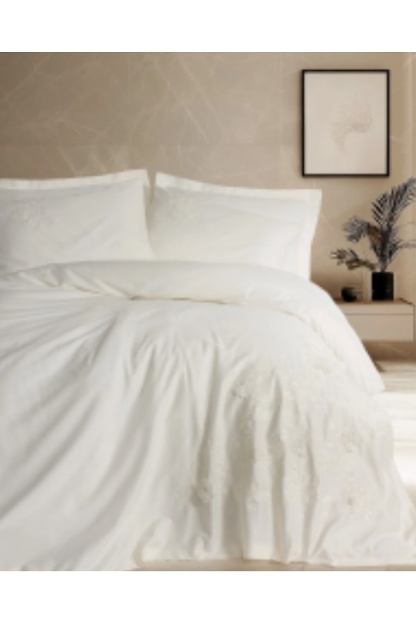 Cotton Box 3D Nakışlı Çift Kişilik Saten Nevresim Takımı Chic Ekru