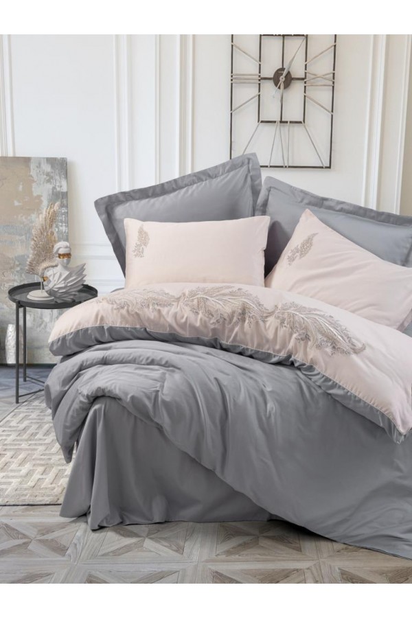 Cotton Box Brode Nakışlı Çift Kişilik Saten Nevresim Takımı Sheen Gri