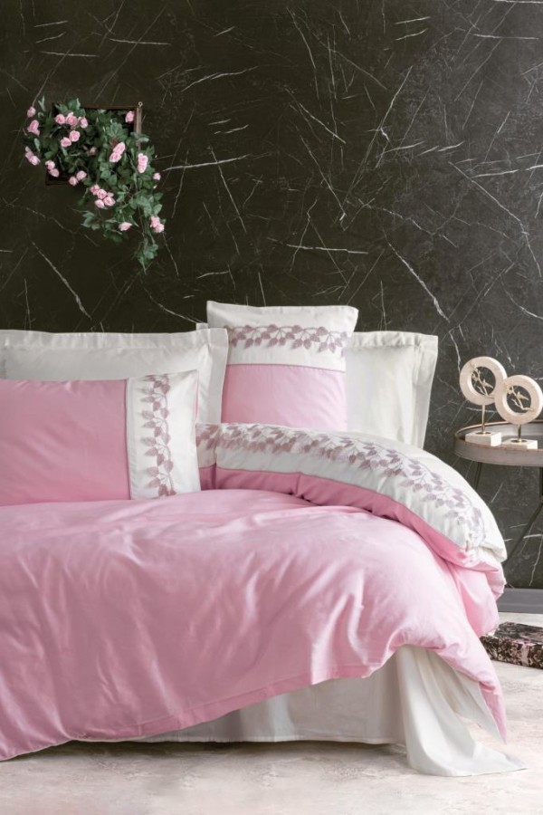 Cotton Box Brode Nakışlı Çift Kişilik Saten Nevresim Takımı Niobe Pembe