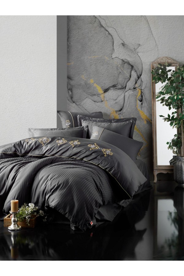 Cotton Box Brode Nakışlı Çift Kişilik Saten Nevresim Takımı King Antrasit Cotton Box Brode Nakışlı Çift Kişilik Saten Nevresim Takımı King Antrasit