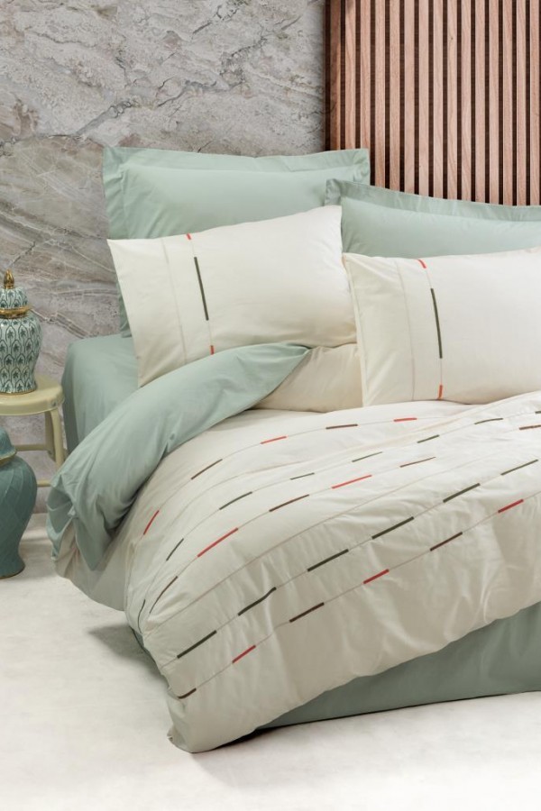 Cotton Box Brode Ranforce Çift Kişilik Nevresim Takımı İvory Yeşil