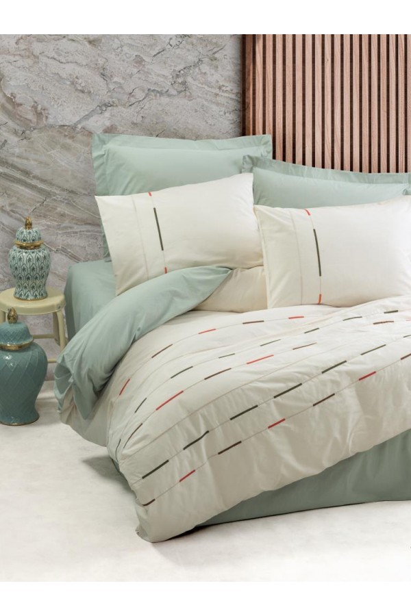 Cotton Box Brode Ranforce Çift Kişilik Nevresim Takımı İvory Yeşil