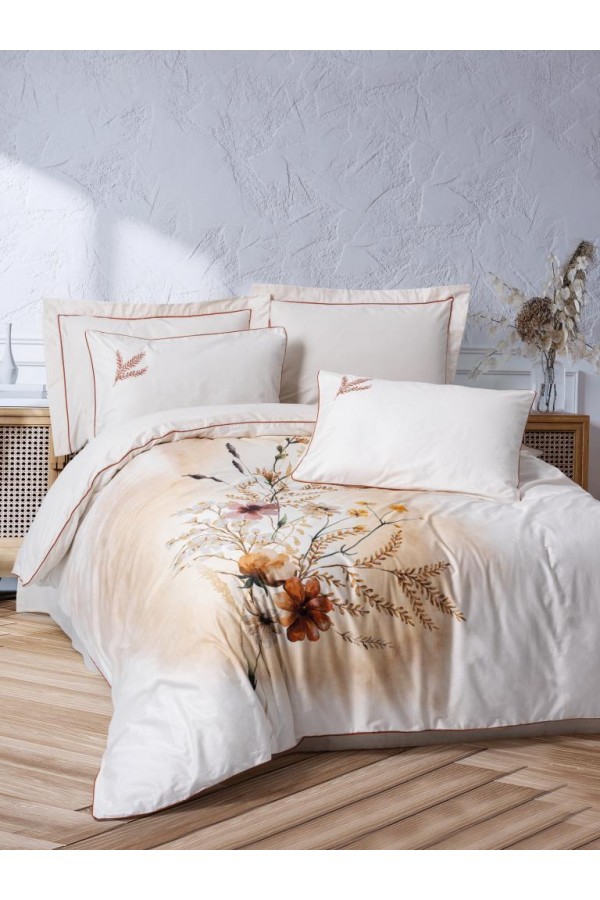 Cotton Box Çift Kişilik Elit Saten Nevresim Takımı Bouquet Ekru
