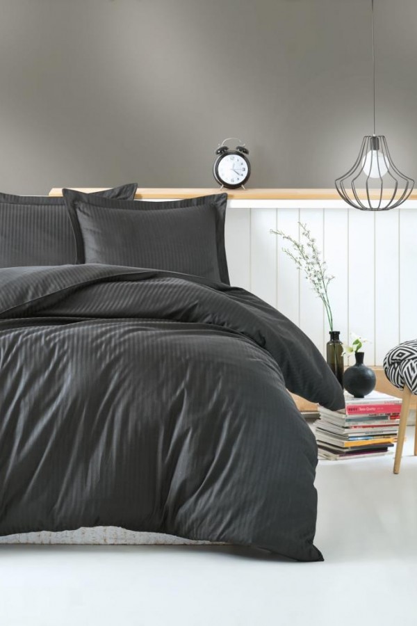 Cotton Box Çift Kişilik Saten Nevresim Takımı Elegante Stripe Antrasit