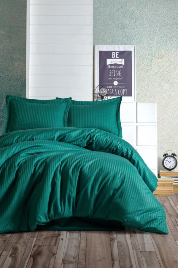 Cotton Box Çift Kişilik Saten Nevresim Takımı Elegante Stripe Petrol