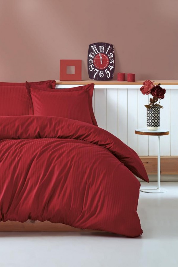Cotton Box Çift Kişilik Saten Nevresim Takımı Elegante Stripe Bordo