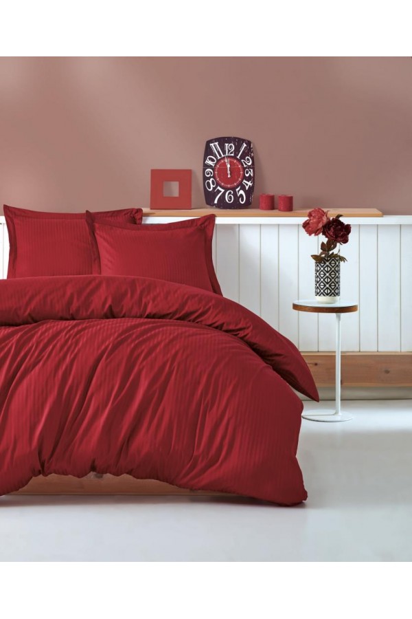 Cotton Box Çift Kişilik Saten Nevresim Takımı Elegante Stripe Bordo
