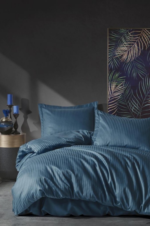 Cotton Box Çift Kişilik Saten Nevresim Takımı Elegante Stripe Mavi