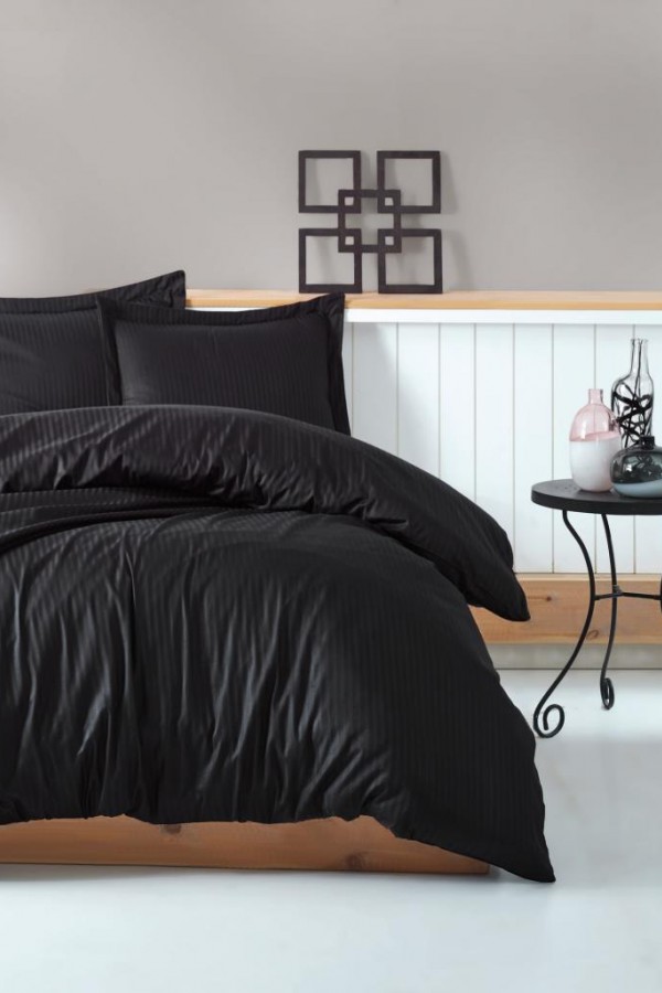 Cotton Box Çift Kişilik Saten Nevresim Takımı Elegante Stripe Siyah