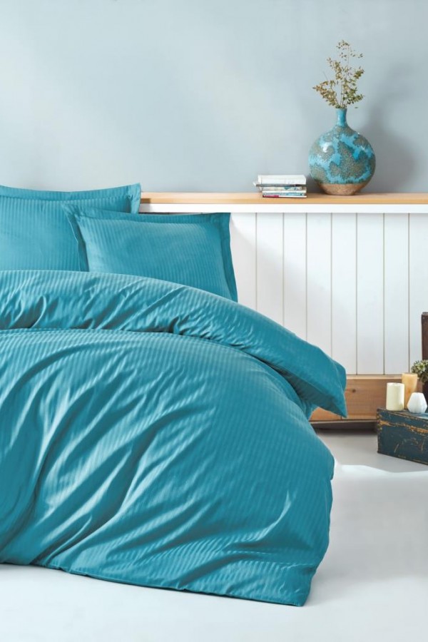 Cotton Box Çift Kişilik Saten Nevresim Takımı Elegante Stripe Turkuaz