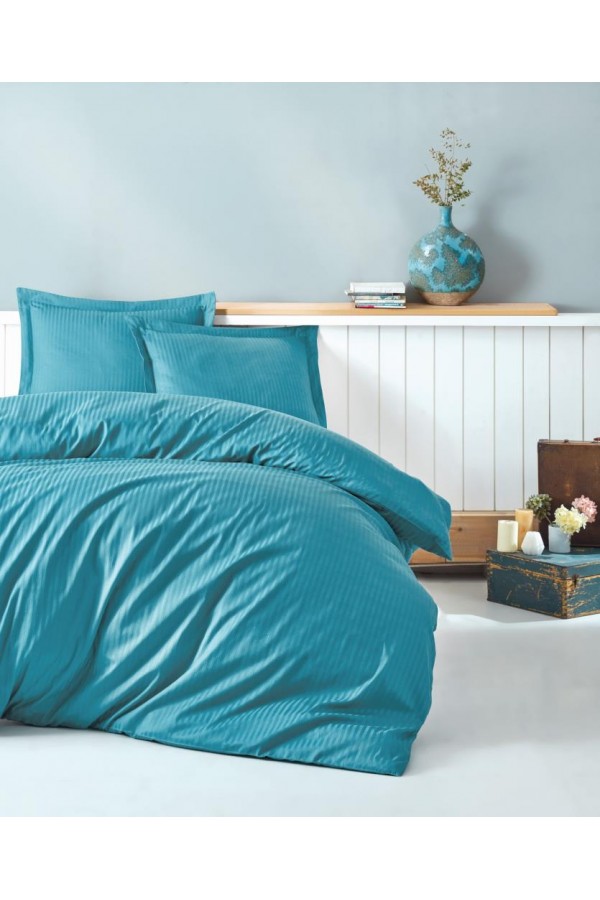 Cotton Box Çift Kişilik Saten Nevresim Takımı Elegante Stripe Turkuaz