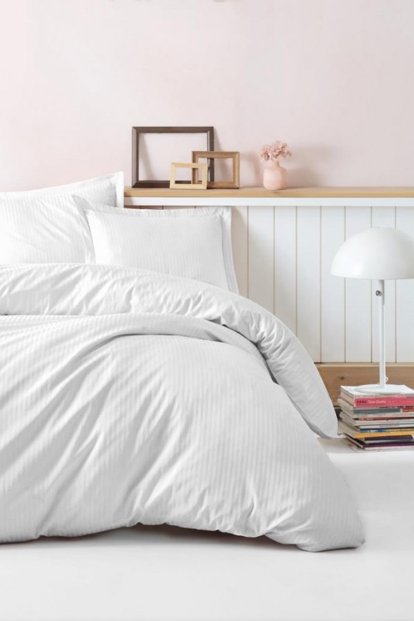 Cotton Box Çift Kişilik Saten Nevresim Takımı Elegante Stripe Beyaz