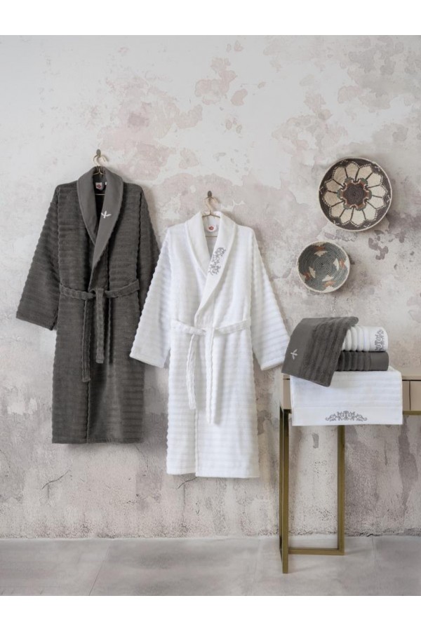 Cotton Box Seta Aile Bornoz Seti Genny Beyaz-Antrasit