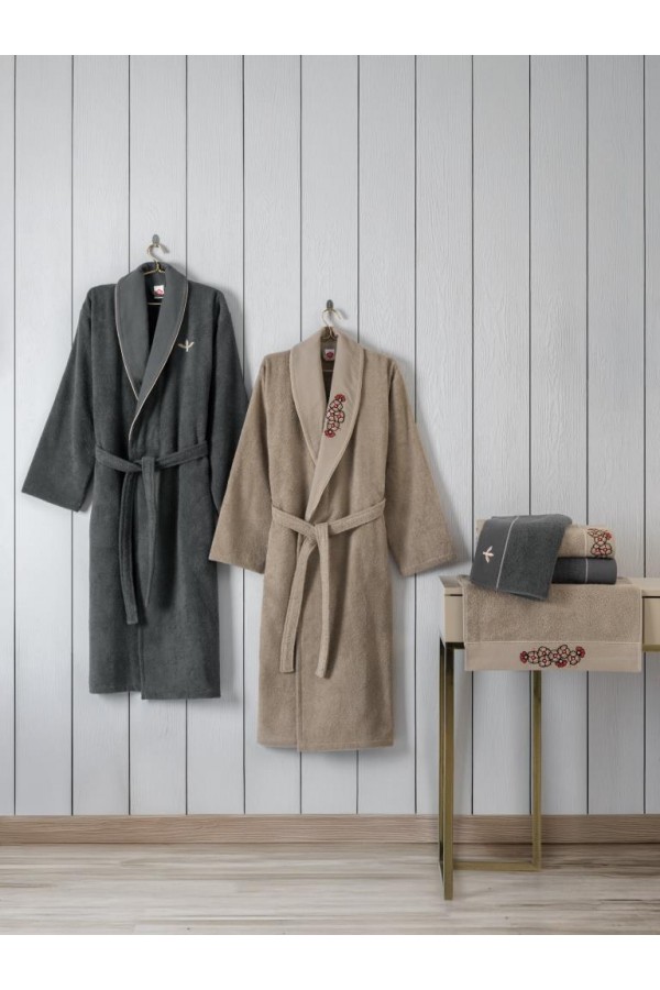 Cotton Box Folk Art Aile Bornoz Seti Yamka Bej-Antrasit