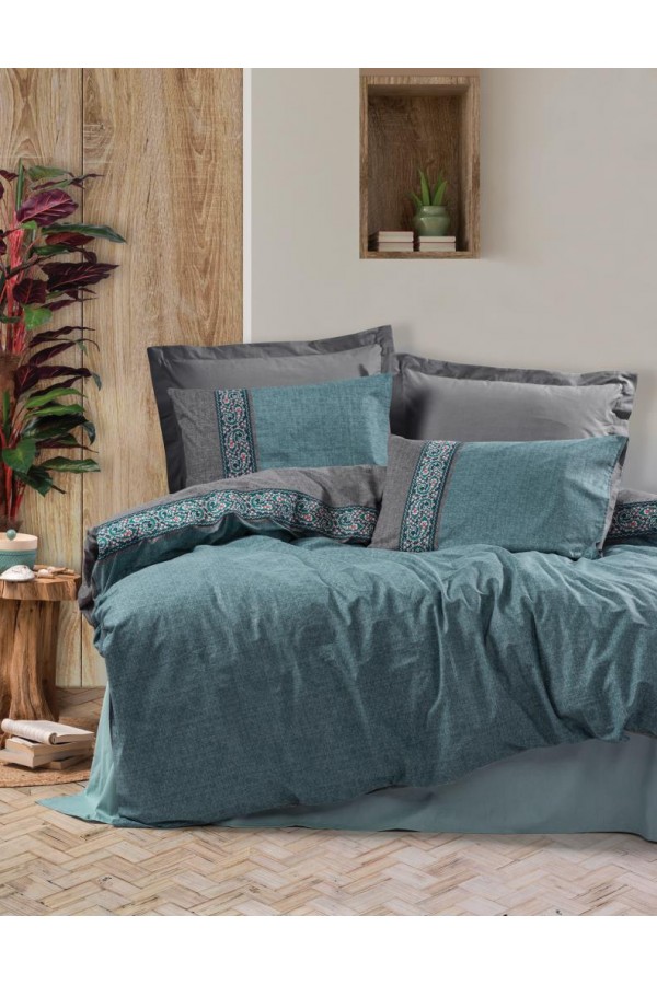 Cotton Box Folk Art Çift Kişilik Nevresim Takımı Erna Petrol