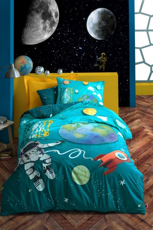 Cotton Box Genç Ranforce Nevresim Takımı Tek Kişilik Little Astronaut Turkuaz