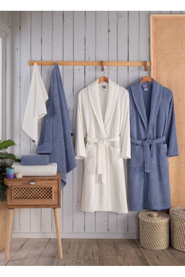 Nevresim Dünyası  Bornoz Seti Alfa Mavi-Krem