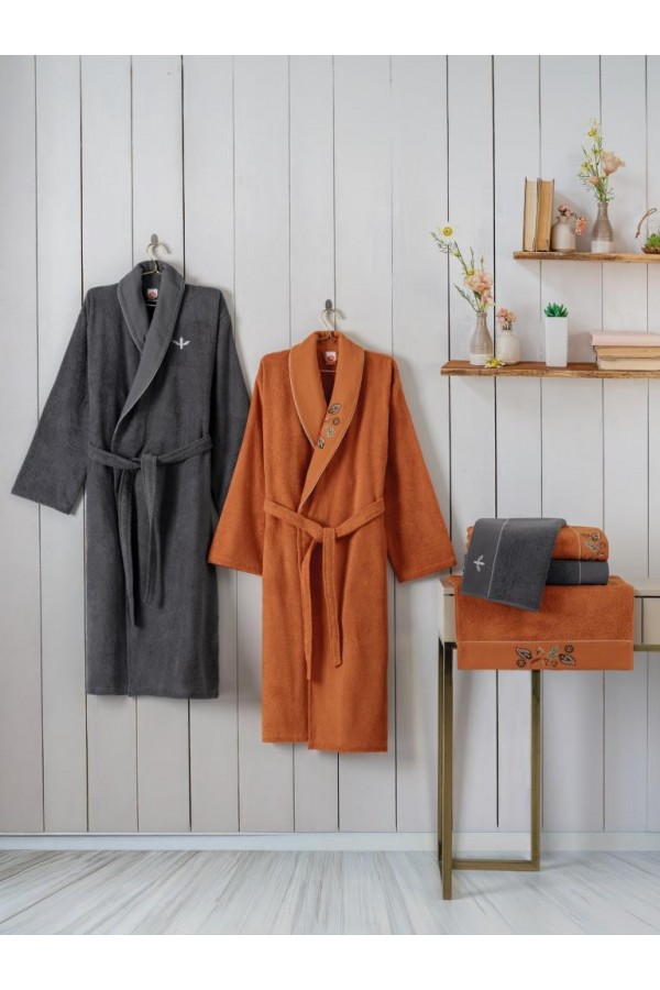 Cotton Box Folk Art Aile Bornoz Seti Dalila Tarçın-Antrasit