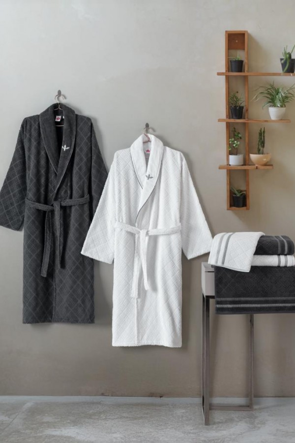 Cotton Box Masculine Aile Bornoz Seti Carlos Beyaz-Antrasit