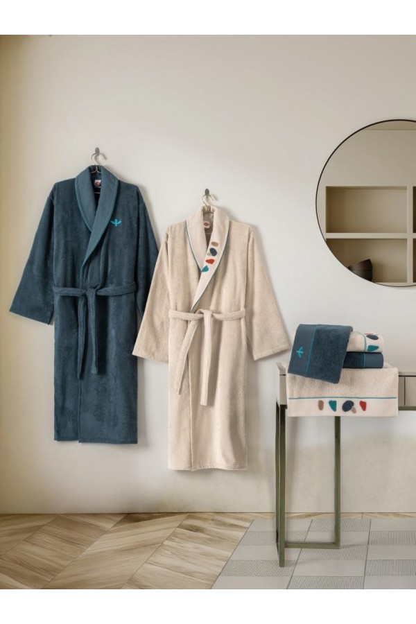 Cotton Box Puff Nakışlı Aile Bornoz Seti Gaja Bej-Petrol Cotton Box Puff Nakışlı Aile Bornoz Seti Gaja Bej-Petrol