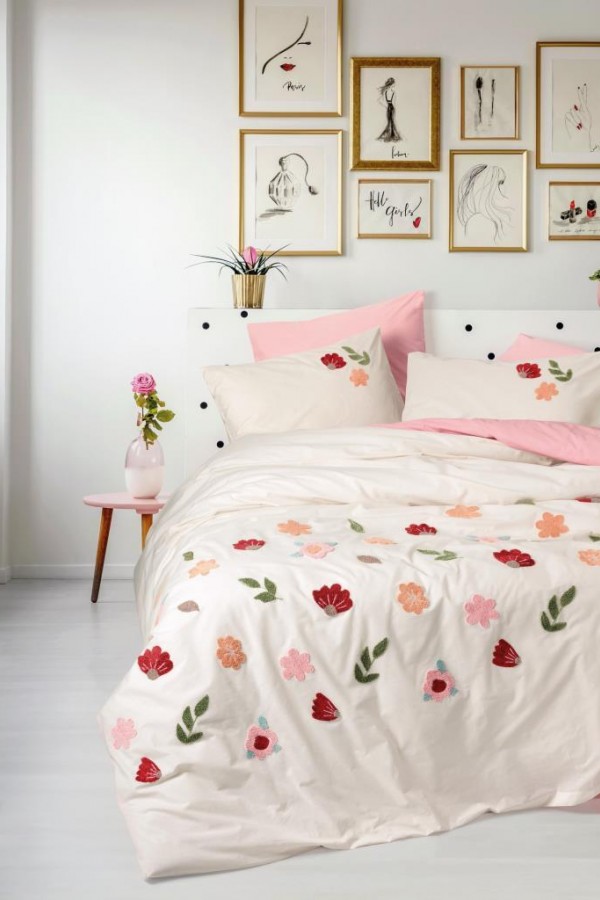 Cotton Box Puff Nakışlı Ranforce Çift Kişilik Nevresim Takımı Blossom Somon