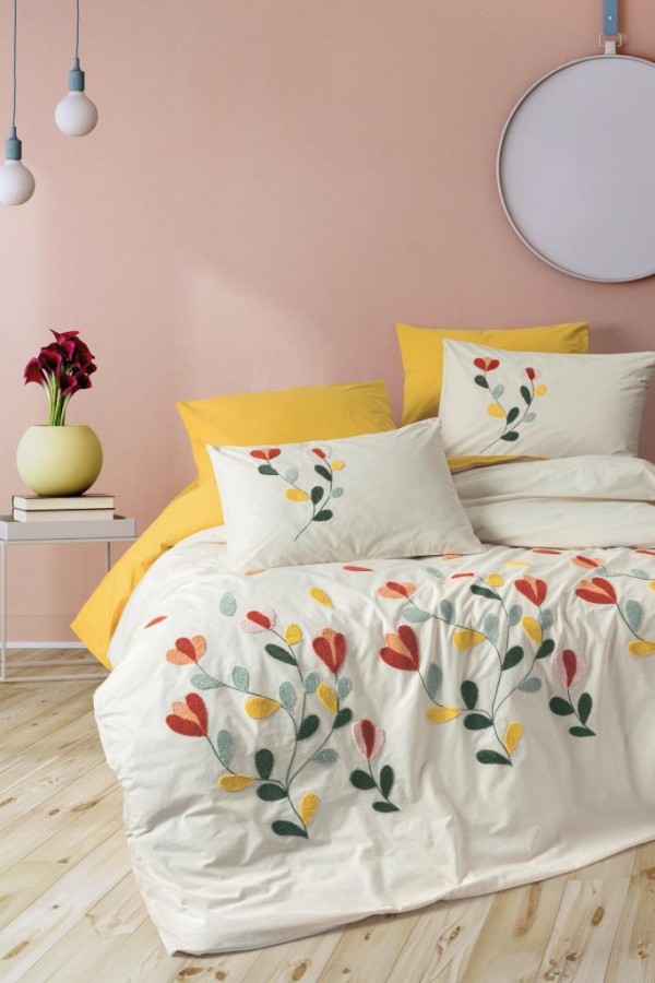 Cotton Box Puff Nakışlı Ranforce Çift Kişilik Nevresim Takımı Nella Hardal