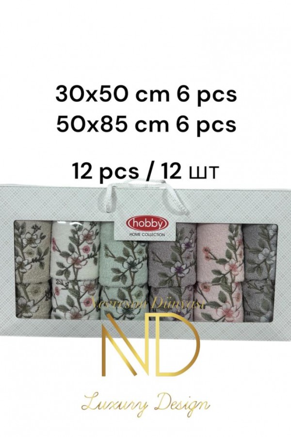 Hobby 6'50x85cm 6'30X50 12'li Nakışlı Havlu Lavander