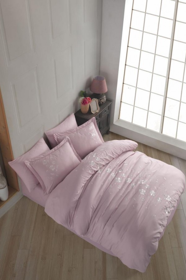 Hobby Çift Kişilik Poplin Premium Nakışlı Nevresim Ella Pudra