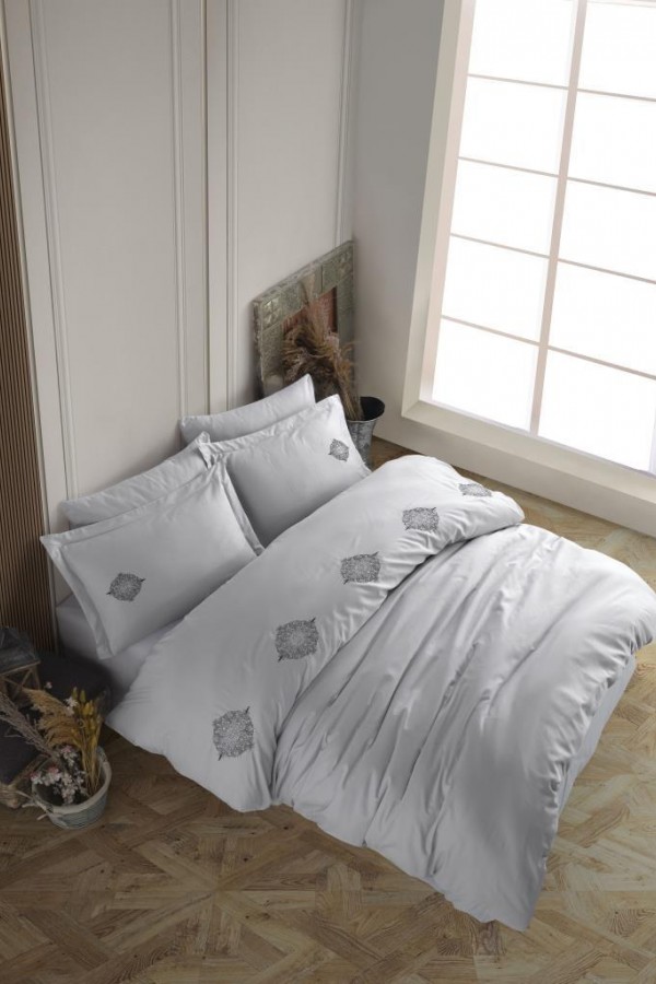 Hobby Çift Kişilik Poplin Premium Nakışlı Nevresim Azra Gri