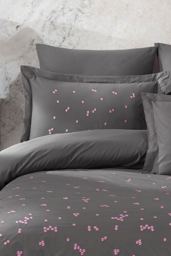 Hobby Çift Kişilik Poplin Premium Nakışlı Nevresim Spring Gri