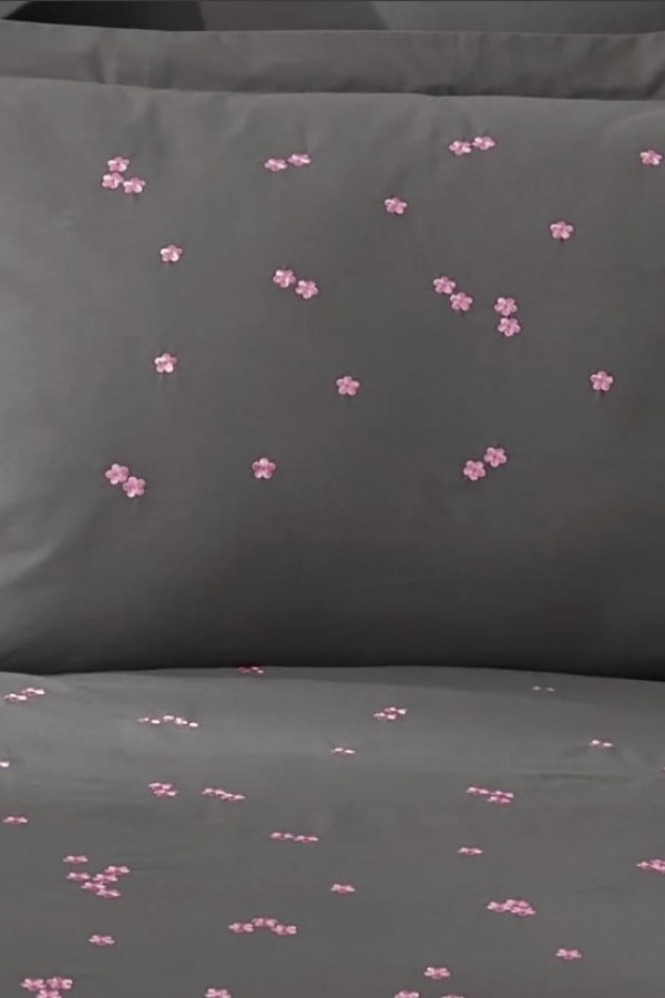 Hobby Çift Kişilik Poplin Premium Nakışlı Nevresim Spring Gri
