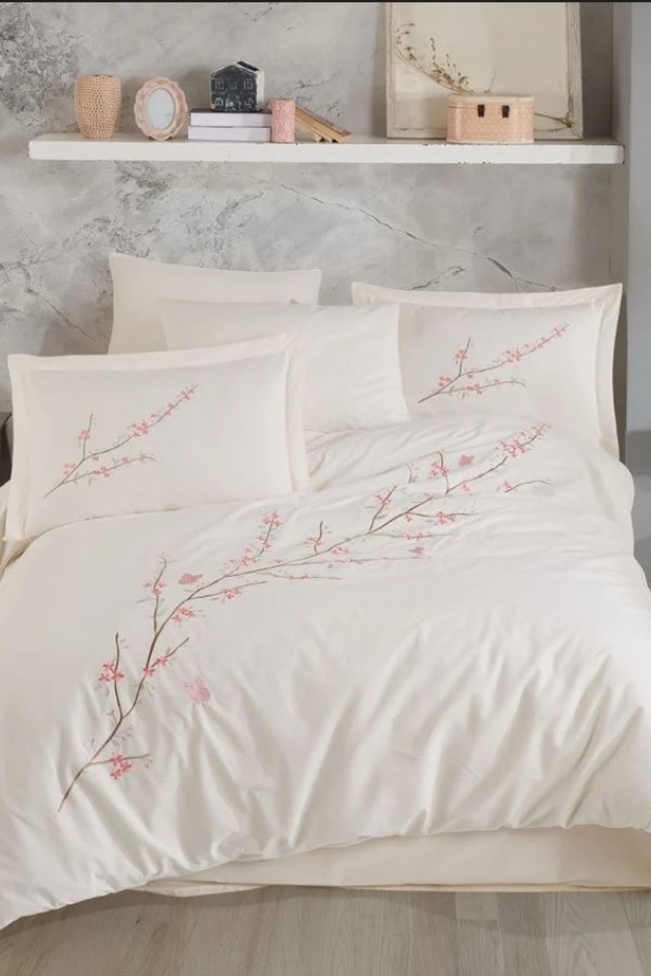 Hobby Çift Kişilik Poplin Premium Nakışlı Nevresim Vera Krem