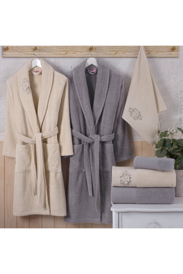 Hobby Line - Pamuklu Bornoz Seti - Krem Gri