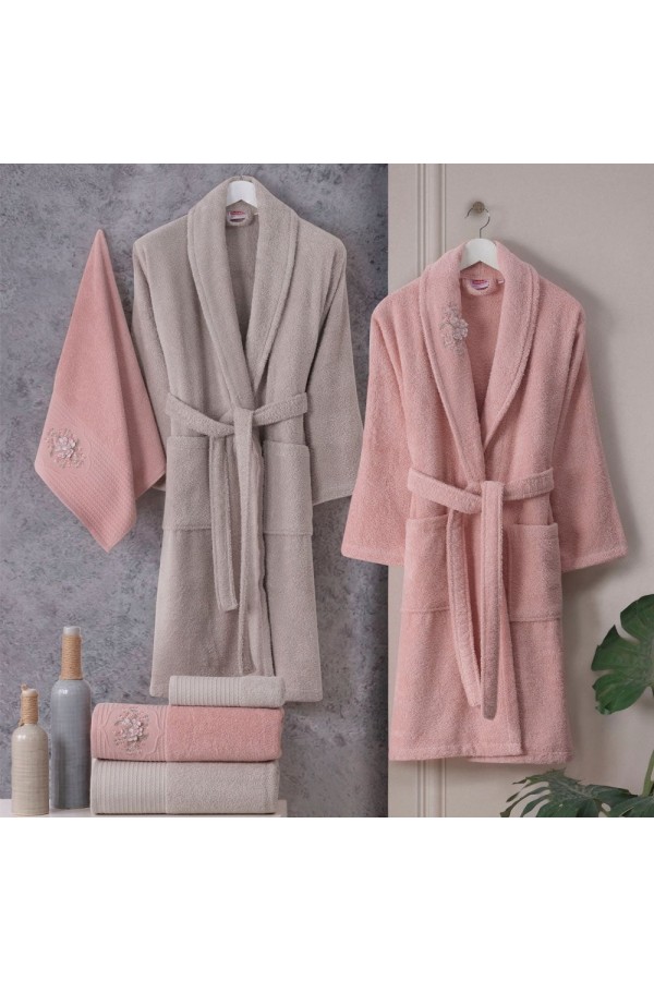 Hobby Line - Pamuklu Bornoz Seti - Pembe K. Bej