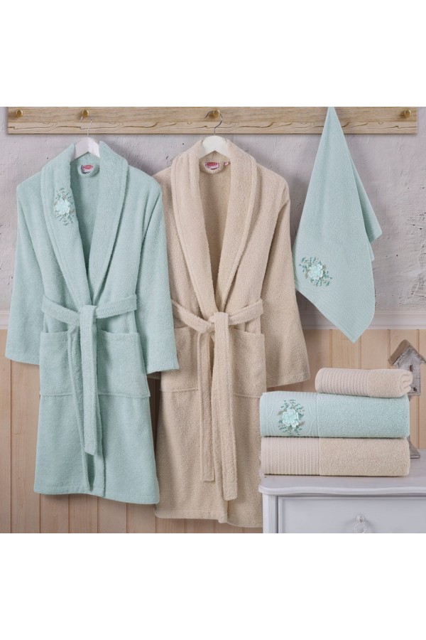 Hobby Line - Pamuklu Bornoz Seti - S. Yeşili Krem